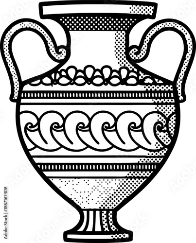 ancient greek amphora with ornamental handles and decorative floral and wave patterns