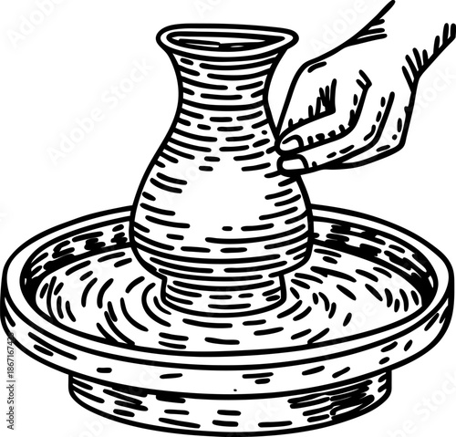 Hand shaping a clay vase on pottery wheel in traditional ceramic art creation process