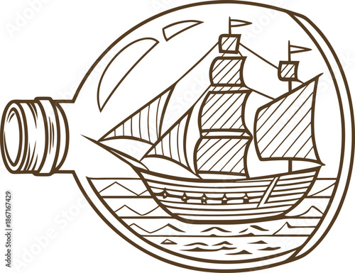 Sailboat inside a glass bottle sketch nautical ship, vintage vessel in ocean waves, maritime symbol concept