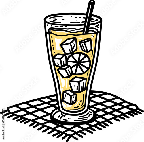 Iced lemonade drink in tall glass with straw and lemon slice on checkered cloth