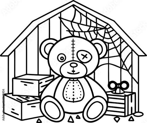 plush bear with patch sitting in dusty shed with spider web, boxes, and wind up toy