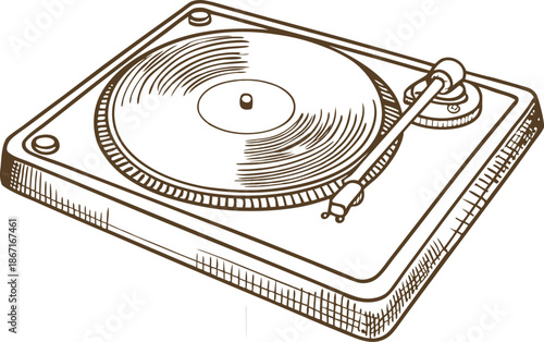 Vintage turntable with vinyl record player, retro music device illustration