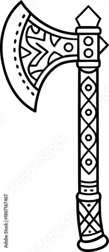 Decorative medieval battle axe with intricate patterns on blade and handle