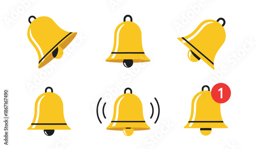 Collection of yellow bell icons in different states and positions