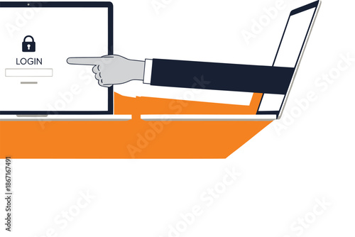 Conceptual Vector Illustration of a Hand Emerging from One Laptop to Access a Login Screen on Another Laptop