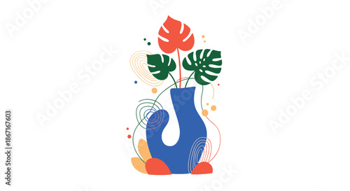 Modern and abstract still life illustration of monstera leaves in a stylish blue vase, surrounded by colorful organic shapes and lines.