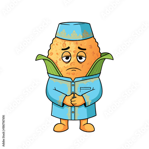 A cartoon orange character wearing a traditional Moroccan djellaba and fez, standing with a frowning expression