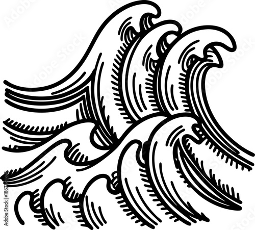 ocean waves crashing with detailed line art style, dynamic water movement illustration