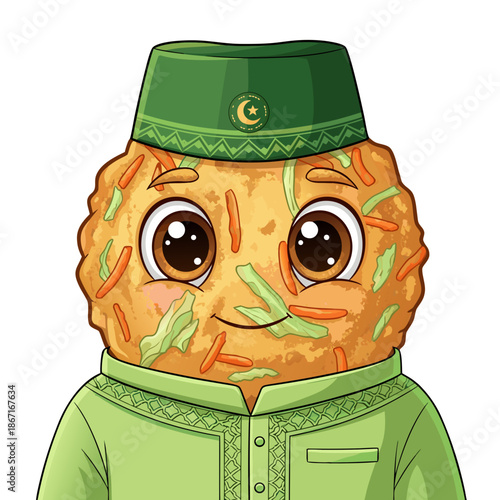 A cartoon cookie character wearing a green traditional outfit and hat, standing against a plain white backdrop