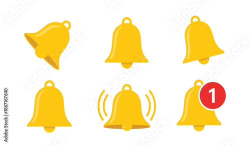 Collection of yellow bell icons with notification symbol