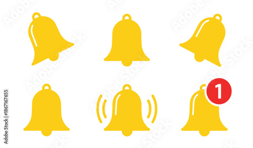 Collection of yellow bell icons with notification symbol