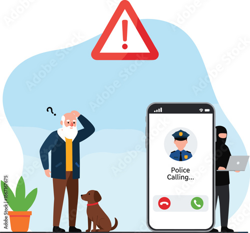 Vector Illustration of an Elderly Man Being Targeted by a Telephone Scammer Posing as a Police Officer