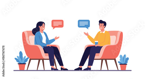 Man and woman sitting in comfortable armchairs having a friendly conversation, with speech bubbles indicating communication and discussion.
