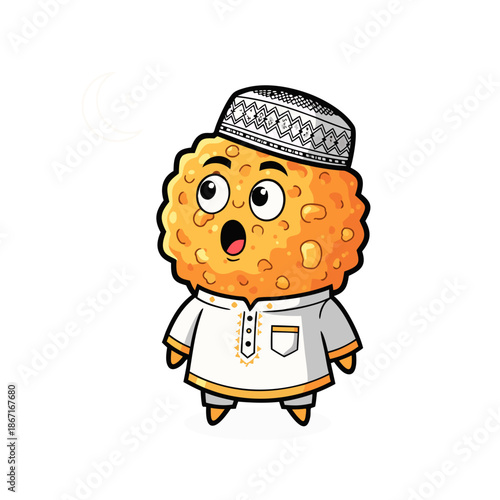 A cheerful cheese doodle character wearing traditional clothing and a headpiece, standing against a plain white background, viewed from the front.