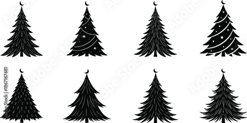 Christmas tree silhouettes, crescent moon decoration, festive holiday design, winter pine illustration, seasonal vector art, black tree graphic, modern holiday ornament