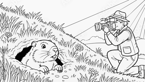 Children's coloring book - Man filming groundhog in its burrow with a video camera  