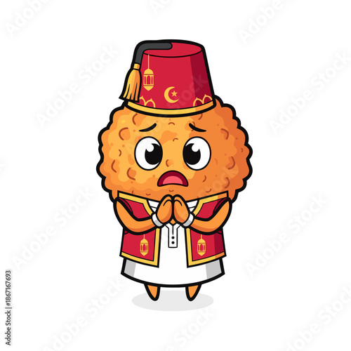 A cartoon fried doughnut character wearing traditional Moroccan attire stands with hands clasped together in a gesture of prayer or respect