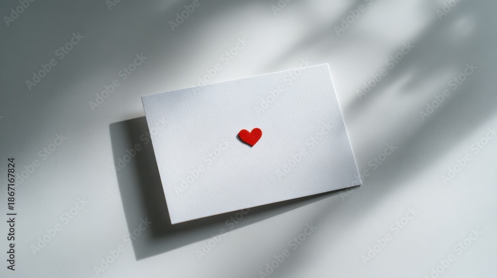 Obraz premium White envelope with small red heart on soft neutral background in sunlight perfect for Valentine’s Day love notes and minimal romantic visuals м