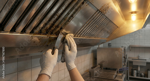 Worker in white gloves using a metal scraper to remove thick grease and oil buildup from a commercial kitchen range hood. Professional industrial deep cleaning for restaurant hygiene.