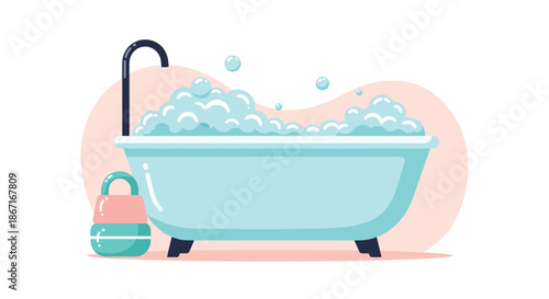 Cute cartoon illustration of a bathtub filled with soap bubbles, with a bar of soap and a sponge nearby, representing bath time.