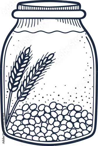 Glass jar with wheat and chickpeas food preservation and natural ingredients concept