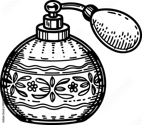 Vintage perfume atomizer with decorative floral patterns and bulb spray pump illustration
