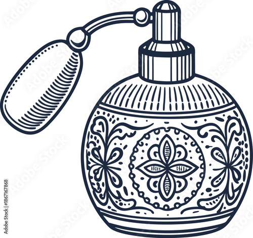 Vintage floral perfume bottle with atomizer pump and intricate decorative patterns