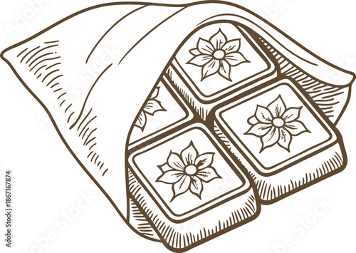 Chocolate bar wrapped in paper with floral design on each square, hand drawn illustration