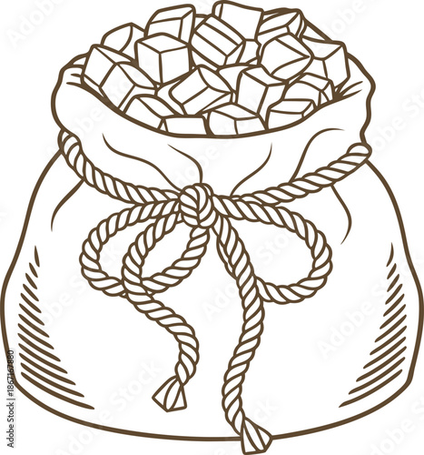 Bag filled with sugar cubes tied with a rope, hand drawn illustration of sweetener supply