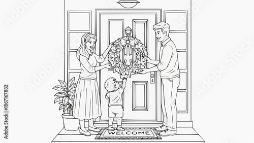 Children's coloring book - A family decorates the front door with a wreath in honor of St. Patrick's Day.