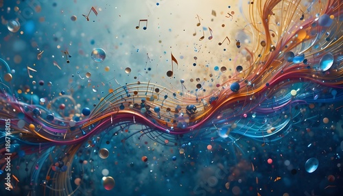 Abstract Colorful Music Background with Flowing Notes and Dynamic Rhythm Design
