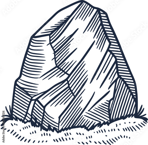 Large natural rock stone sketch, rough textured boulder on grass, nature outdoor landscape element
