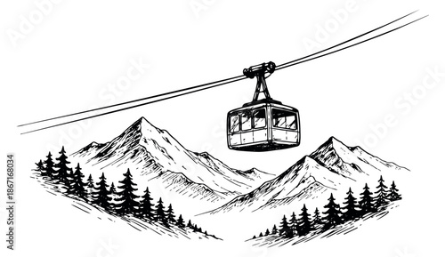 Hand drawn line art illustration of a cable car over mountains and pine trees depicting a scenic mountain landscape for travel and adventure concepts