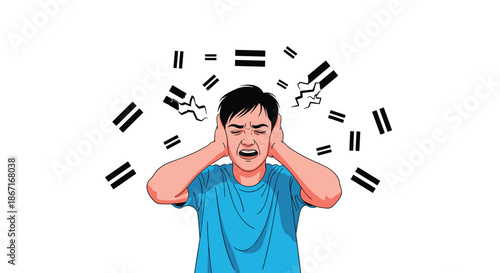 Stressed young man covering his ears in frustration, surrounded by equal signs, symbolizing the pressure of social inequality or noise.