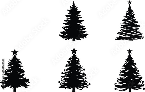 Christmas tree silhouettes, festive holiday pine design, decorated fir illustration, stylized spruce art, seasonal celebration vector, ornamented winter decoration, star topped
