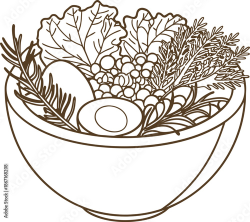 Healthy salad bowl with egg, leafy greens, herbs, and berries in a simple line art