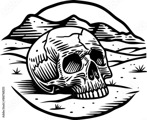 human skull in desert landscape with distant mountains black and white illustration