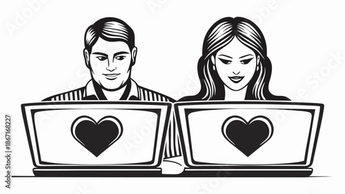 Couple using laptops with heart symbols on screens