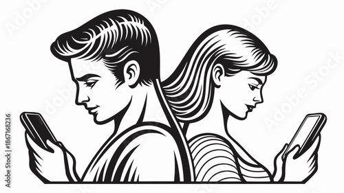 Couple engrossed in smartphones side by side in modern style