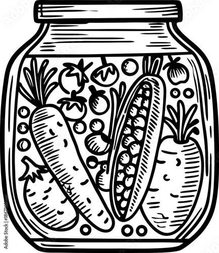 Jar filled with assorted pickled vegetables including carrot, corn, tomato, and pepper