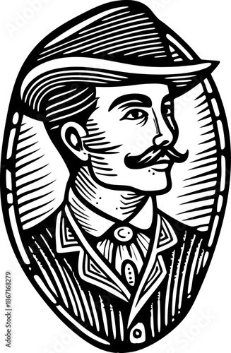 Vintage gentleman with mustache wearing classic hat and suit in oval frame