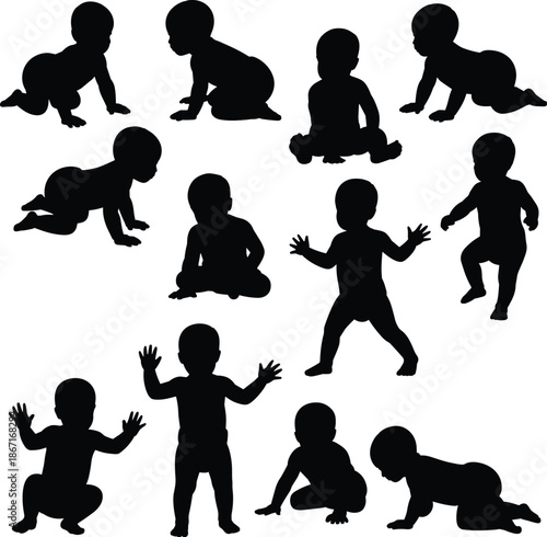 Black baby silhouettes showing crawling sitting standing and playing infants isolated on white background child growth development illustration set