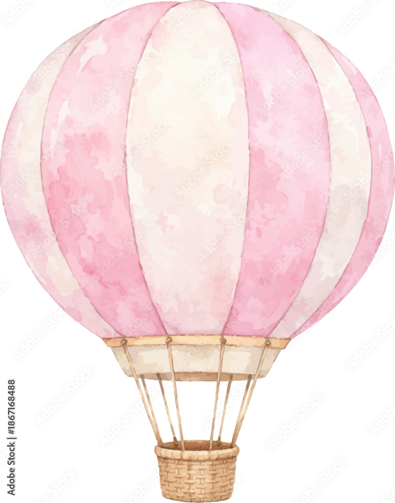 Naklejka premium Pink and white hot air balloon cute pastel illustration with wicker basket isolated on white
