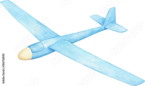 Light blue toy glider airplane isolated on white background, watercolor illustration of simple soaring aircraft