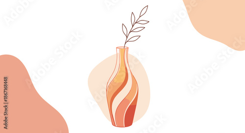 Modern minimalist illustration of a single leafy branch in a stylish, wavy orange vase against a background of abstract pastel shapes.
