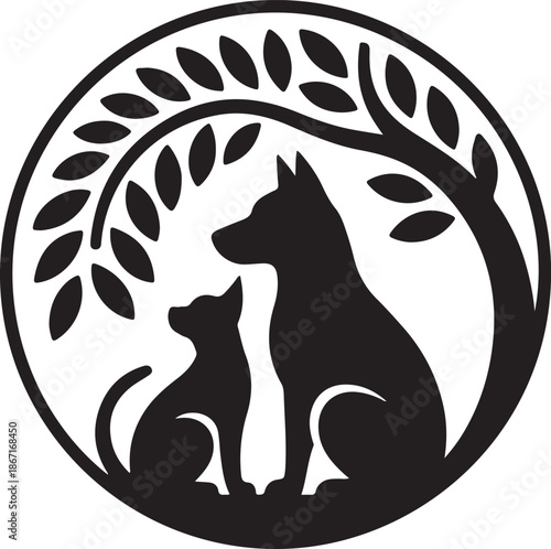 Photography Dog and cat under tree nature concept logo Vector Art, Icons, and Graphics for d