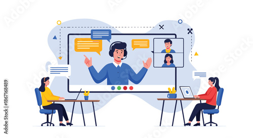 Flat design illustration of an online webinar or video conference with a male speaker and participants on a large screen presentation.