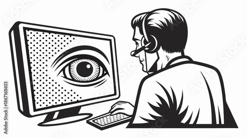 Man wearing headset working on computer with eye on screen