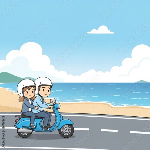 Small Couple Riding Motorbike Near Beach Minimal Scene