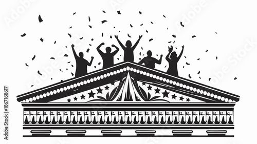 People celebrating on a building rooftop with confetti